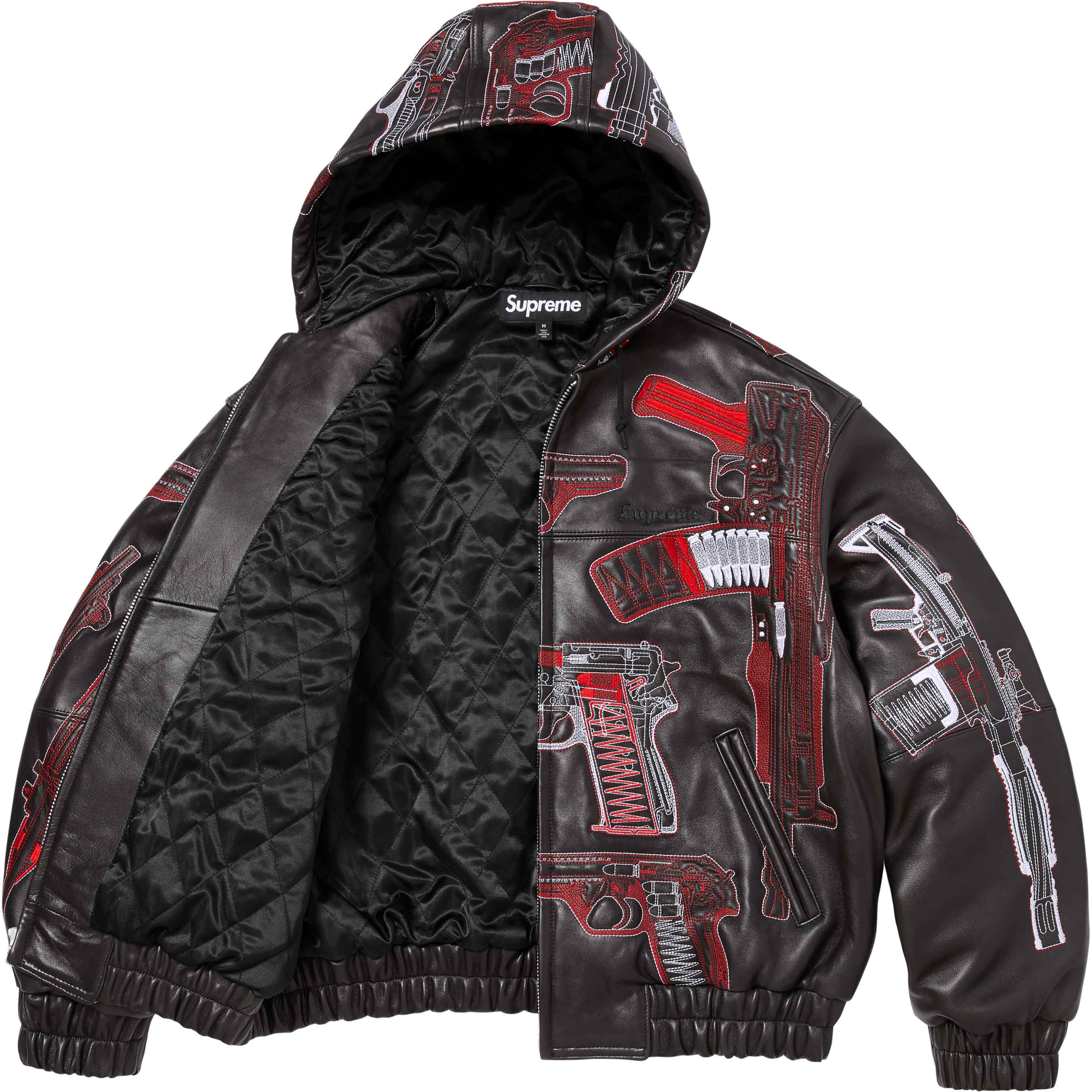 Guns Embroidered Hooded Leather Jacket view 6